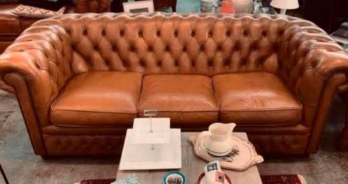 Bank cognac mosterd leer vintage Springvale Chesterfield, Huis en Inrichting, Banken | Bankstellen, Ophalen of Verzenden