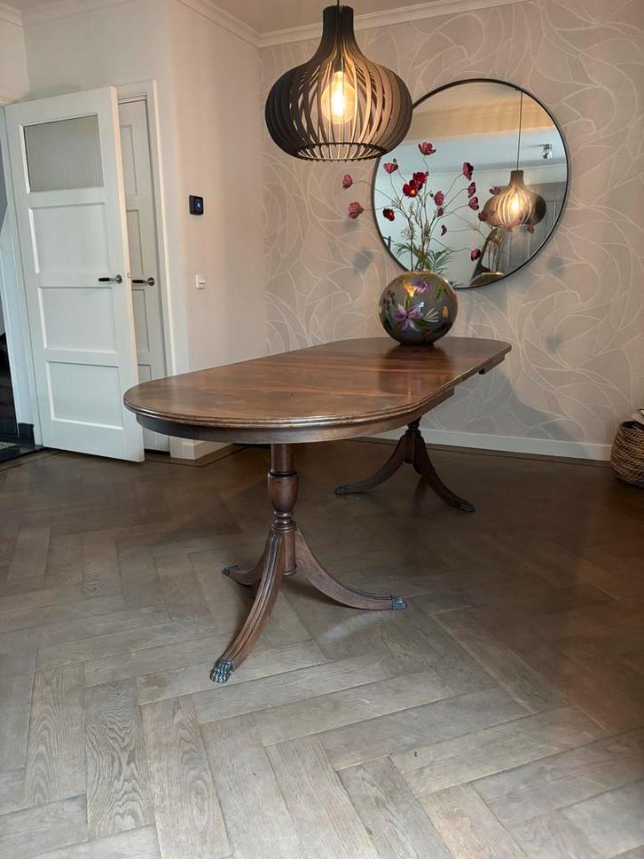 Antieke ovale eettafel + 6 stoelen., Huis en Inrichting, Tafelonderdelen, Gebruikt, Tafelblad, 200 cm of meer, 50 tot 100 cm, Ovaal