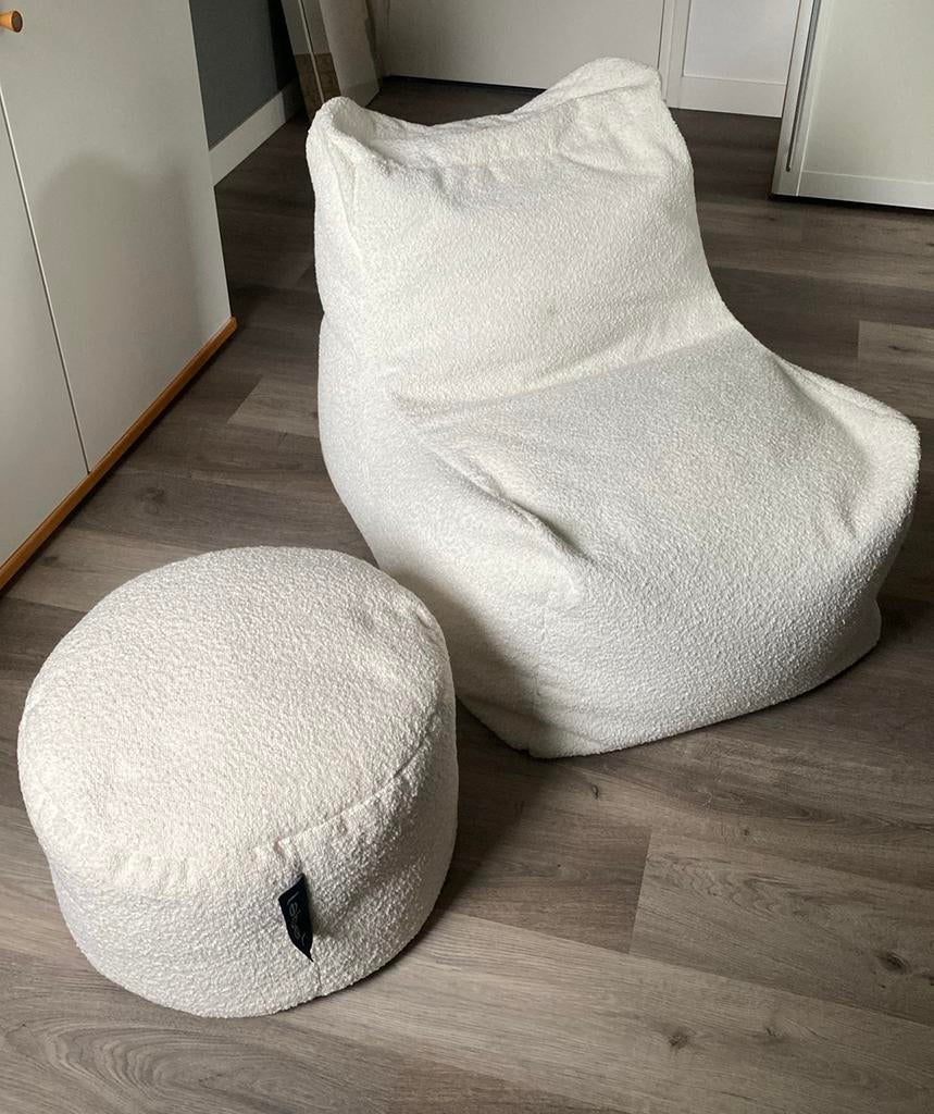 Teddy zitzak en poef ecru, Huis en Inrichting, Zitzakken, Ophalen, Zo goed als nieuw, Wit, Zitzak