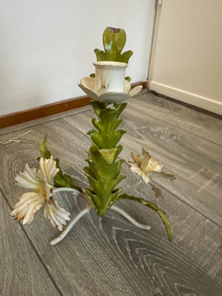 Handgemaakte IJzeren Kandelaar met Bloemen, Gebruikt, Wit, Ophalen of Verzenden, Metaal