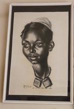 Ethiopische jonge vrouw. Krijttekening. Met/zonder glaslijst, Ophalen of Verzenden
