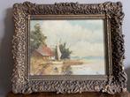 Olieverf schilderij landschap met huis aan de waterkant, Ophalen of Verzenden