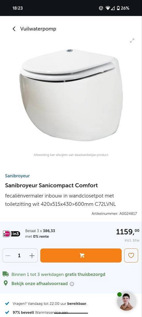 Sanibroyeur Sanicompact Comfort, Doe-het-zelf en Verbouw, Sanitair, Nieuw, Toilet, Ophalen