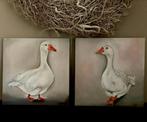Tweeluik sober landelijk handgeschilderde schilderij Ganzen, Ophalen of Verzenden