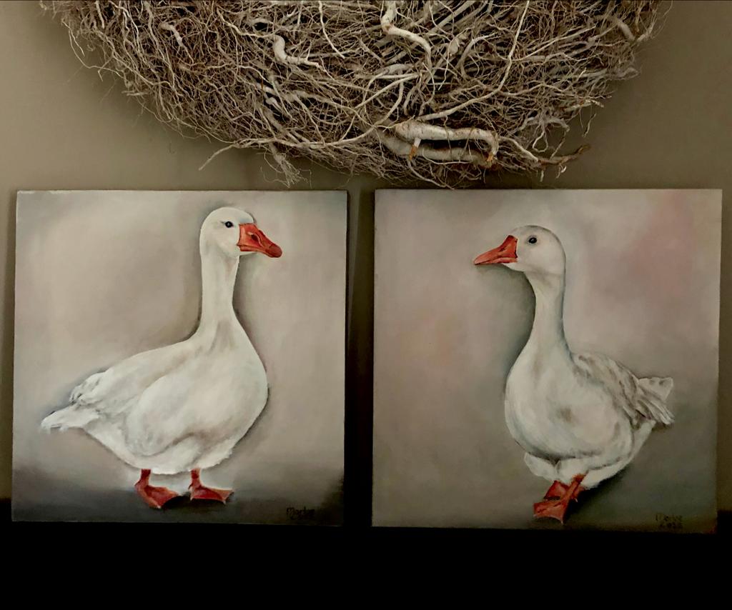 Tweeluik sober landelijk handgeschilderde schilderij Ganzen, Antiek en Kunst, Kunst | Schilderijen | Klassiek, Ophalen of Verzenden