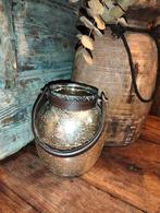Brocante leuk windlichtje goudkleurig glas met leren riempje, Overige materialen, ., Ophalen of Verzenden, Zo goed als nieuw