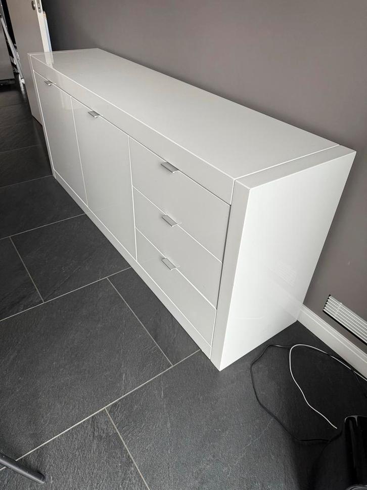 Wit hoogglans dressoir “Goossens”, Huis en Inrichting, Kasten | Dressoirs, Gebruikt, 150 tot 200 cm, 25 tot 50 cm, Met lade(s)