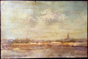 Olieverf op board - 1950 - Landschap met Molen en Kerk beschikbaar voor biedingen