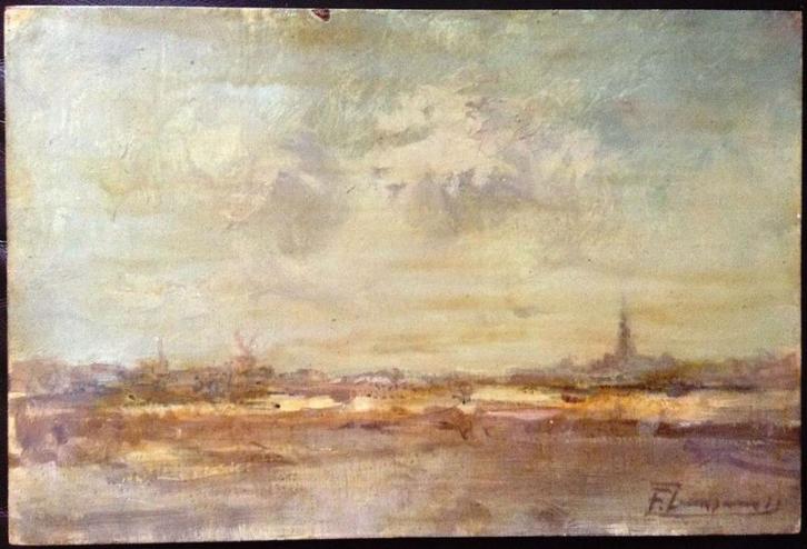 Olieverf op board - 1950 - Landschap met Molen en Kerk, Antiek en Kunst, Kunst | Schilderijen | Klassiek, Ophalen