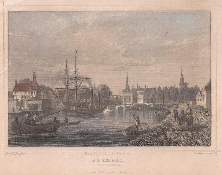Alkmaar Kanaalzijde Staalgravure Gekleurd uitgave Terwen1858, Antiek en Kunst, Kunst | Etsen en Gravures, Ophalen of Verzenden
