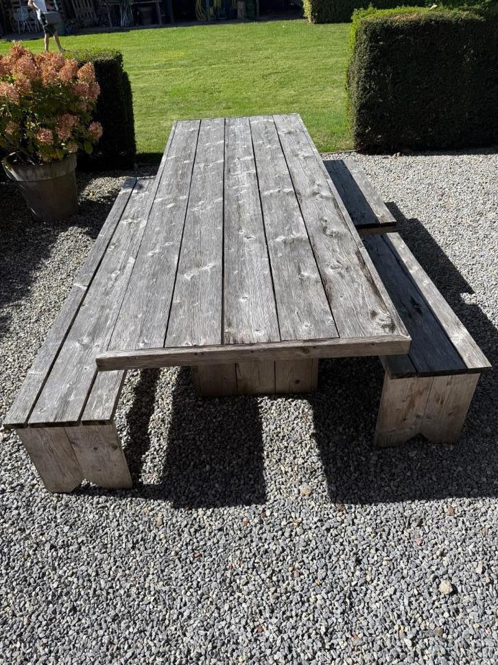 Steigerhouten tuintafel met banken 310 cm, Tuin en Terras, Tuinsets en Loungesets, Gebruikt, Steigerhout, Ophalen