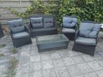 Tuinset met 1 bank, 3 stoelen en tafel met glazen blad, Tuin en Terras, Ophalen, Gebruikt, Bank