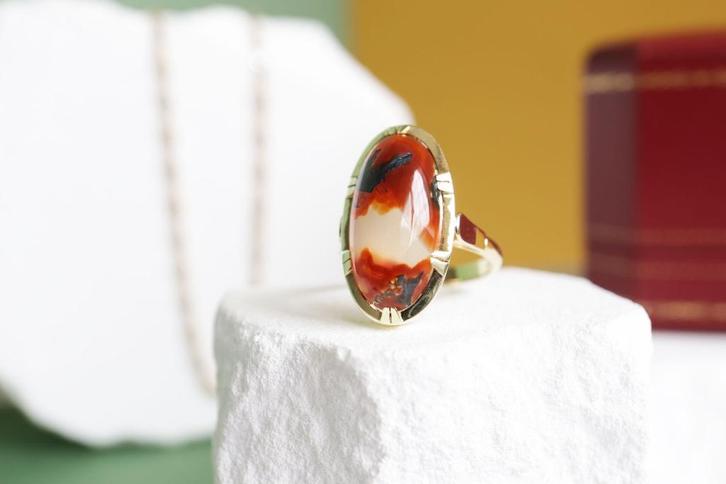 14 Karaat Gouden Ring met mosagaat, Sieraden, Tassen en Uiterlijk, Ringen, Zo goed als nieuw, Dame, 17 tot 18, Goud, Goud, Met edelsteen