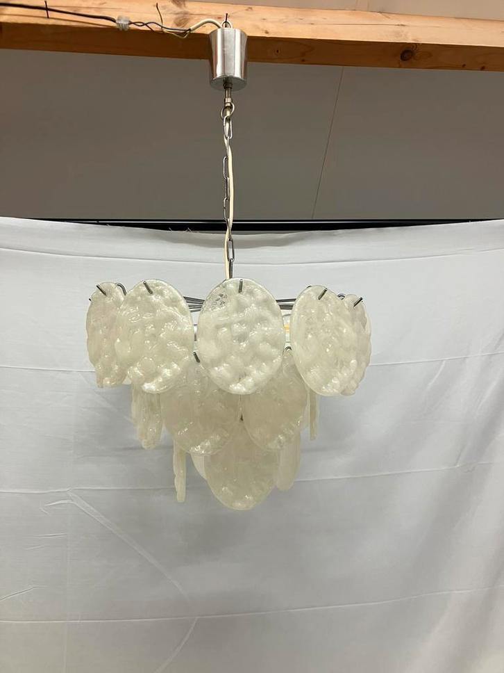 Vintage Medebach ijsglas hanglamp met kunststof schijven, Huis en Inrichting, Lampen | Hanglampen, Minder dan 50 cm, Kunststof
