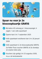 2e bioscoopkaartje gratis zegels Pathé, Tickets en Kaartjes, Eén persoon, Kortingskaartje