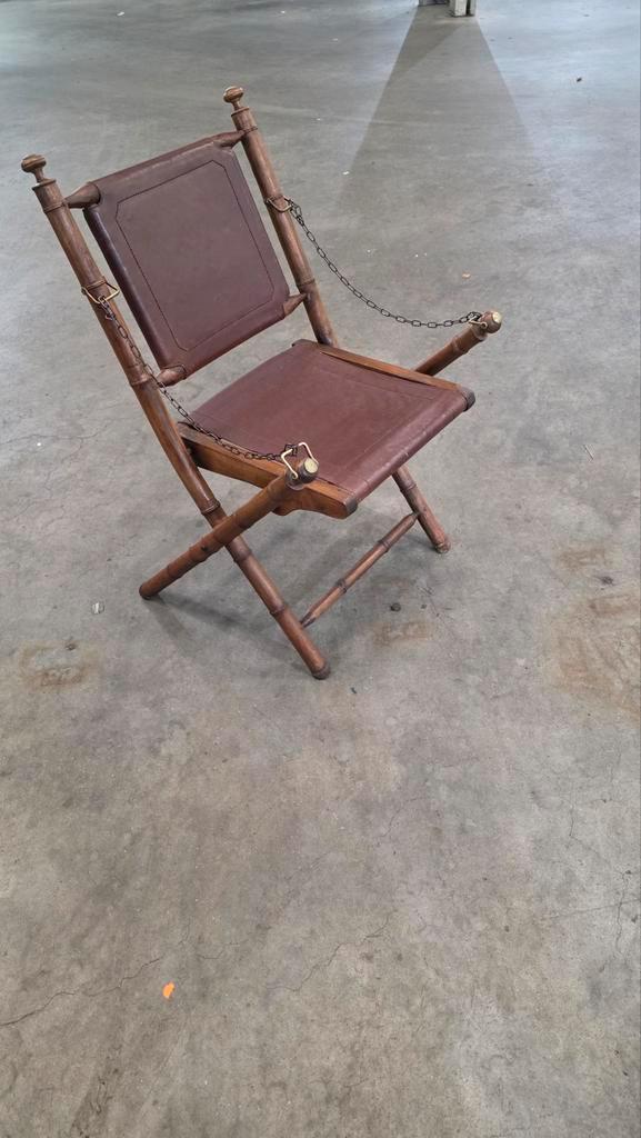 Vintage Officiersstoel faux bamboo met leren zitting, Huis en Inrichting, Stoelen, Gebruikt, Eén, Hout, Leer, Bruin, Ophalen