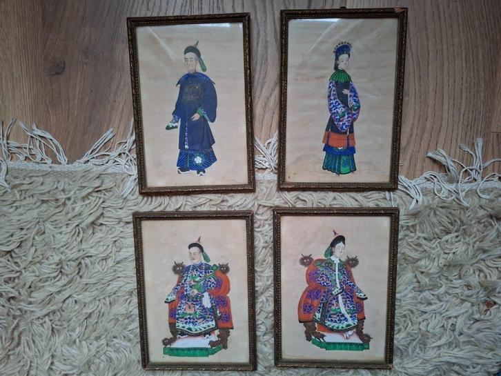 4 prachtige antieke schilderingen rijstpapier, Canton, 1840, Antiek en Kunst, Kunst | Schilderijen | Klassiek, Ophalen of Verzenden