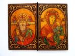 Byzantijns 2 luik Icoon pyrografie St. Nicolaas Maria Jezus, Antiek en Kunst, Ophalen of Verzenden