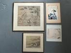 4 japanse chinese kunstwerken inkt tekening block print, Ophalen of Verzenden