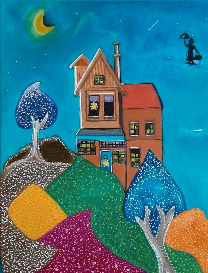 Villa op Heuvel - Dotpaint Schilderij acryl canvas, Antiek en Kunst, Kunst | Schilderijen | Klassiek, Ophalen of Verzenden