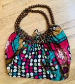 Handtas van geprinte stof en houten kralen, Ophalen of Verzenden, Zo goed als nieuw, Bruin, Handtas