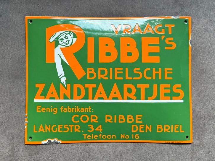 Emaille Reclamebord Ribbe's Brielsche Zandtaartjes, Antiek en Kunst, Antiek | Emaille, Ophalen of Verzenden
