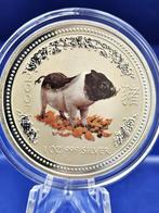 (9214) Australia LUNAR I   PIG 2007  COLOR ONE OUNCE, Ophalen of Verzenden, Losse munt, Zilver