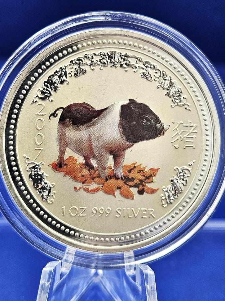 (9214) Australia LUNAR I   PIG 2007  COLOR ONE OUNCE, Postzegels en Munten, Munten | Oceanië, Losse munt, Zilver, Ophalen of Verzenden