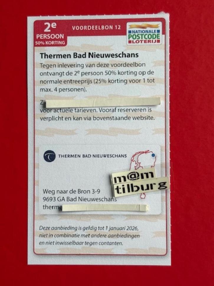 Voordeelbon 12 Thermen Bad Nieuweschans 2e pers 50% korting, Tickets en Kaartjes, Kortingen en Cadeaubonnen, Drie personen of meer