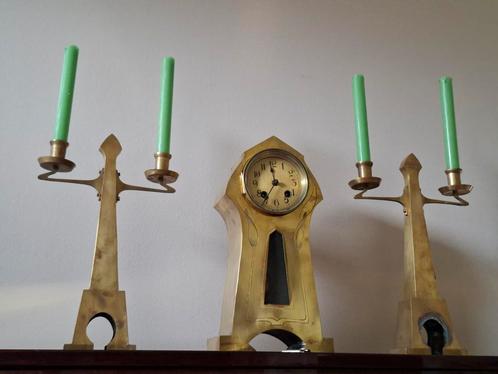 Nieuwe kunst / art nouveau klokkenstel, klok + kandelaars, Antiek en Kunst, Antiek | Klokken, Ophalen