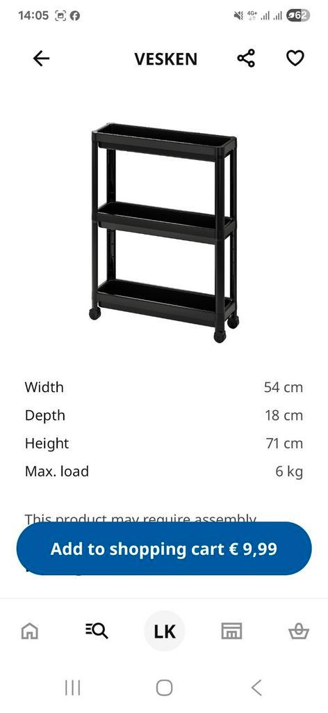 IKEA VESKEN kunststof trolley / kastje op wielen zwart, Huis en Inrichting, Tafels | Sidetables, Zo goed als nieuw, 25 tot 50 cm