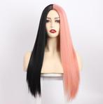 Roze Zwarte Lange Steile Pruik Zwart Haar Haren Dames, Verzenden, Nieuw, Pruik of Haarverlenging