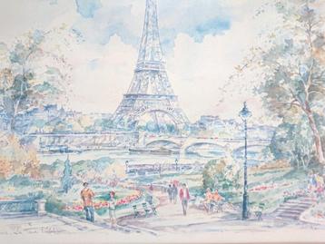 60s 70s Vintage Aquarel Parijs Eiffeltoren gesigneerd  Legai beschikbaar voor biedingen