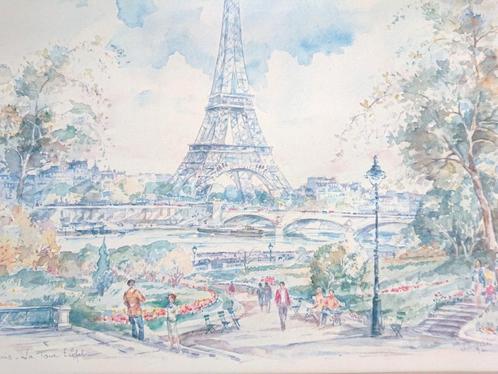 60s 70s Vintage Aquarel Parijs Eiffeltoren gesigneerd  Legai, Antiek en Kunst, Kunst | Overige Kunst, Verzenden