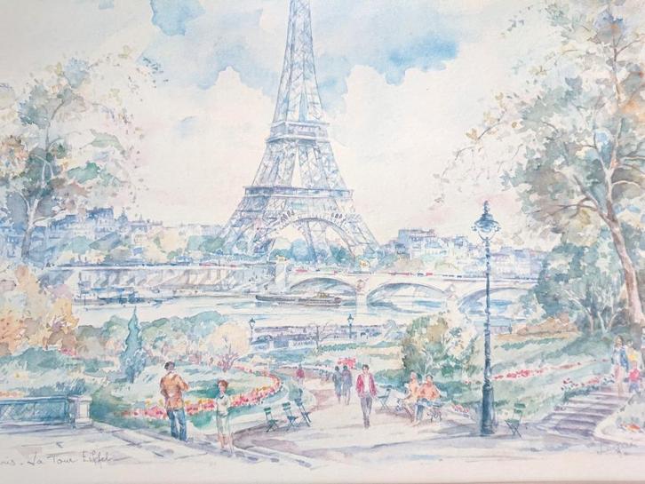 60s 70s Vintage Aquarel Parijs Eiffeltoren gesigneerd  Legai, Antiek en Kunst, Kunst | Overige Kunst, Verzenden