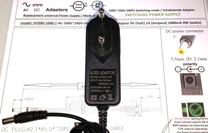 HY090-1000 9V 1A AC DC Adapter Lader Oplader Voeding kabel, Audio, Tv en Foto, Opladers, Nieuw, Ophalen of Verzenden