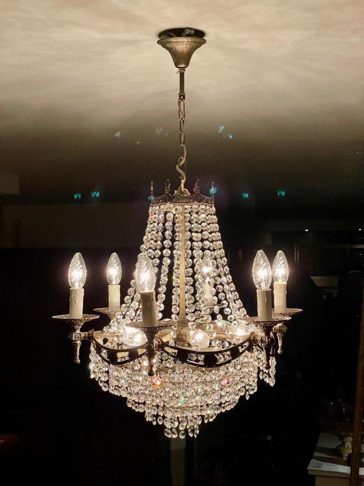 Vintage kristalglazen kroonluchter hanglamp, Huis en Inrichting, Lampen | Kroonluchters, Gebruikt, Glas, Metaal, Ophalen