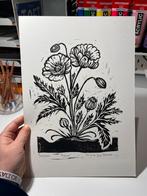 Linosnede afdruk Papaver 🌿 34x24 cm, Ophalen, Minder dan 50 cm, Oorspronkelijke maker, Nieuw
