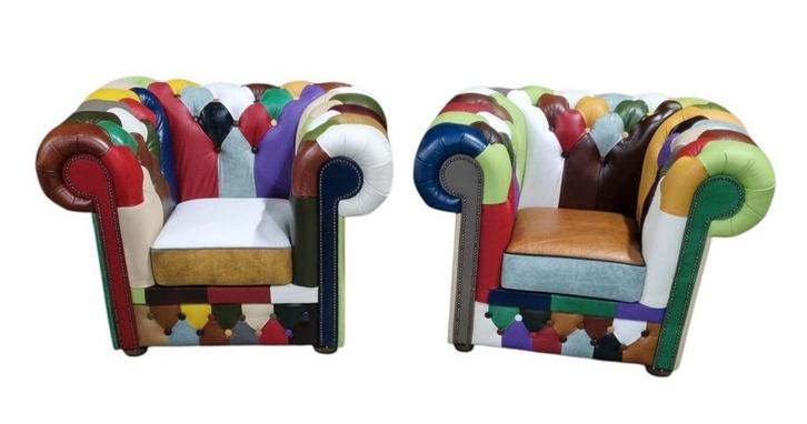 2x Patchwork Chesterfield fauteuil + BEZORGING GRATIS, Huis en Inrichting, Fauteuils, Nieuw, Leer, 100 tot 125 cm, 75 tot 100 cm