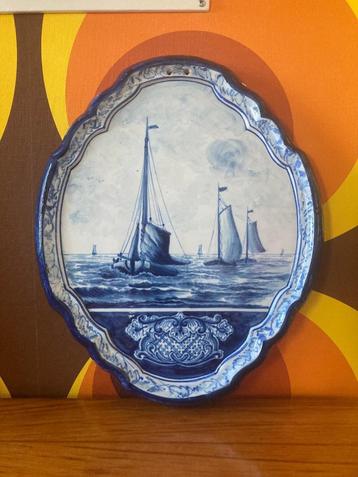 Antiek wandbord wandpaneel Delfts blauw scheepsvoorstelling beschikbaar voor biedingen