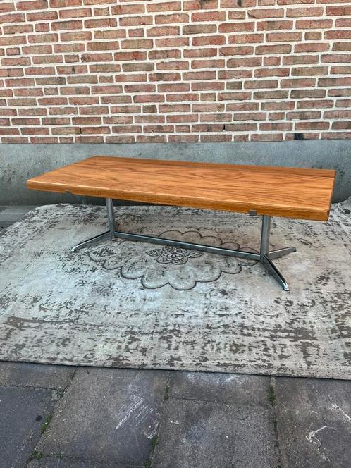 Vintage mid century salontafel, chroom/eiken blad, Huis en Inrichting, Tafels | Salontafels, Gebruikt, Minder dan 50 cm, 50 tot 100 cm