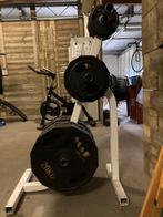 Olympische barbell + 217,5kg matchende gewichten, Sport en Fitness, Halterschijven, Gebruikt, Ophalen, Armen