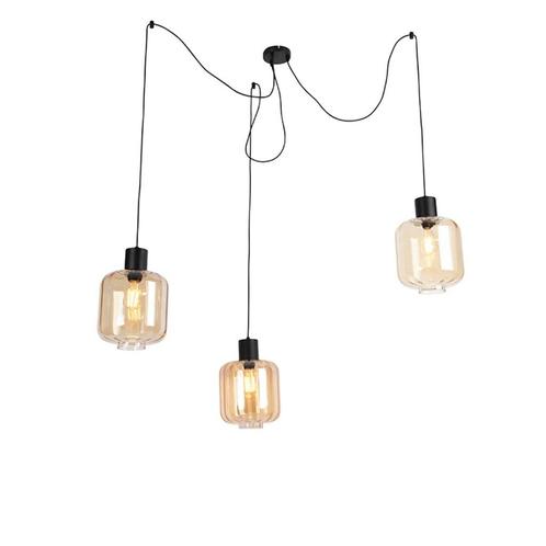 Design hanglamp zwart met smoke glas 3-lichts 226 cm - Qara, Huis en Inrichting, Lampen | Hanglampen, Nieuw, 75 cm of meer, Glas