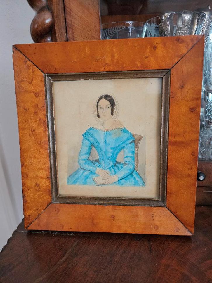 Biedermeier schilderij portret / gouache wortelnoten lijst, Antiek en Kunst, Kunst | Schilderijen | Klassiek, Ophalen of Verzenden