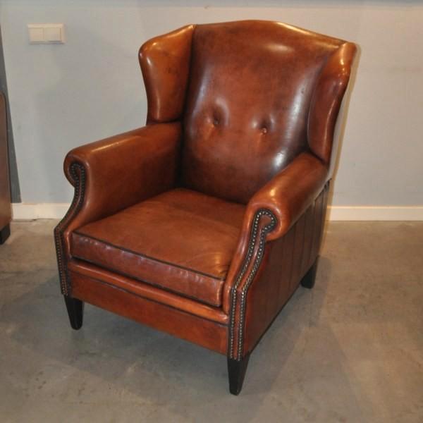 Schapenleren oorfauteuil, Huis en Inrichting, Fauteuils, Gebruikt, Leer, 75 tot 100 cm, 75 tot 100 cm, Ophalen