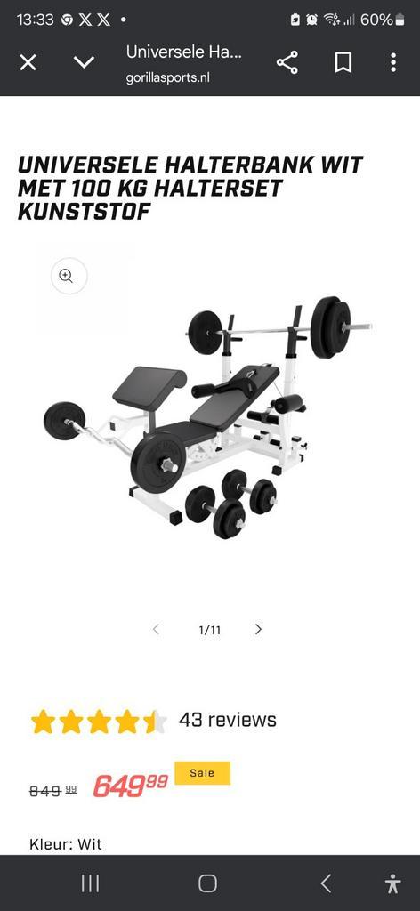 Universele Halterbank wit Met 100 kg Halterset Kunststof, Sport en Fitness, Fitnessmaterialen, Zo goed als nieuw, Ophalen