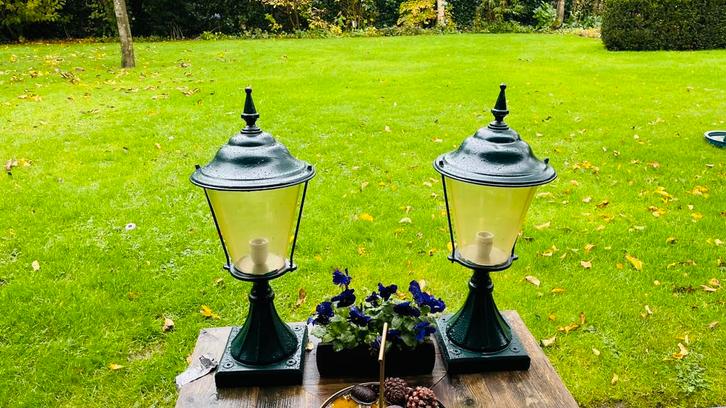2x Gietijzeren Sokkellampen Lantaarn 75cm buitenlamp groen, Tuin en Terras, Buitenverlichting, Zo goed als nieuw, Staande lamp
