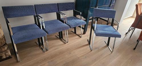 4 luxe design eetkamerstoelen - blauw met RVS frame, Huis en Inrichting, Stoelen, Gebruikt, Vier, Metaal, Stof, Blauw, Ophalen