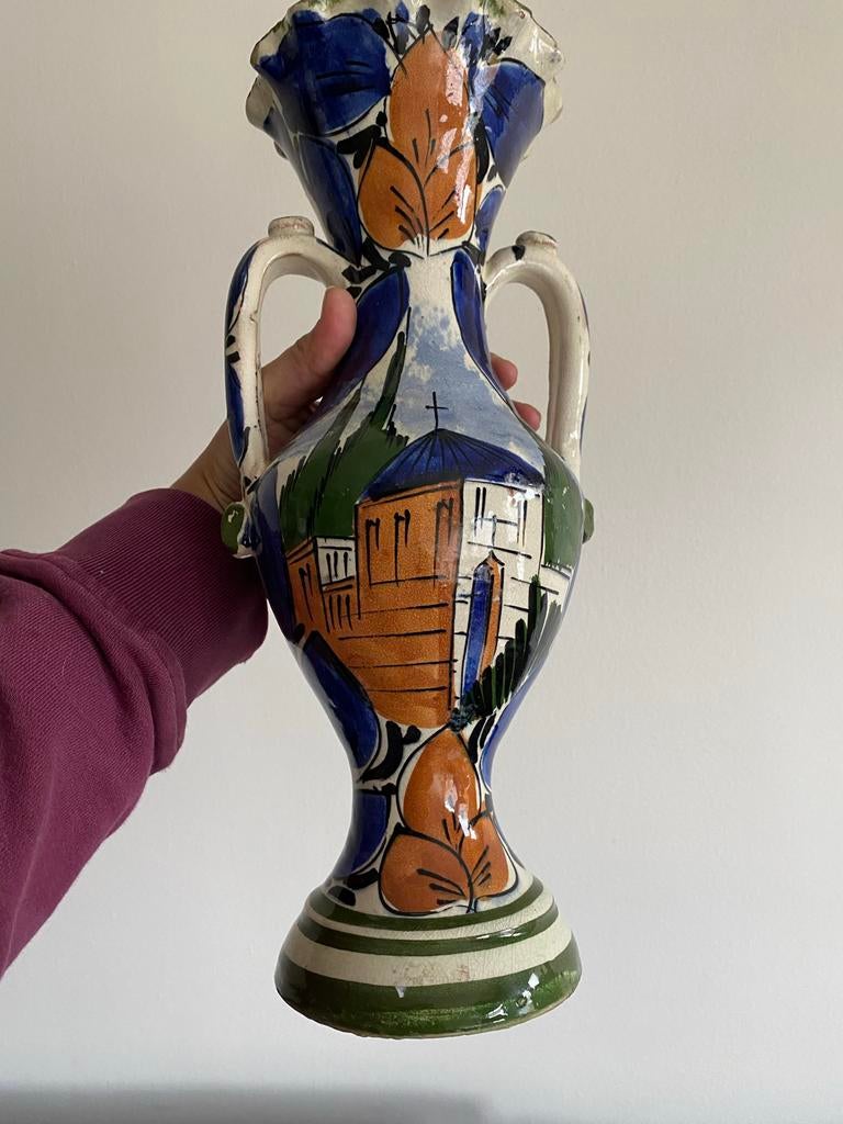 Vintage Aardewerk Vaas met Handgeschilderd Design, Huis en Inrichting, Woonaccessoires | Vazen, Gebruikt, Overige kleuren, 75 cm of meer