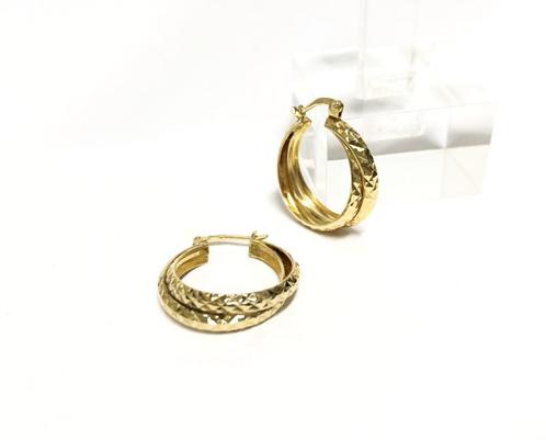 14 K Gefacetteerde Dubbele Creolen / Oorhangers - 2,2 cm, Sieraden, Tassen en Uiterlijk, Oorbellen, Zo goed als nieuw, Hangers